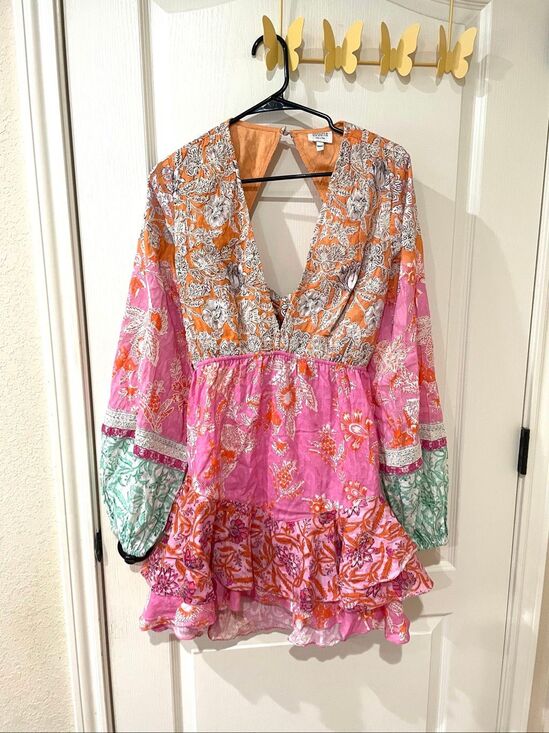 Hemant & Nandita Dresses & Skirts - Hemant & Nandita Sidra Embroidered mini dress pink and orange floral print large